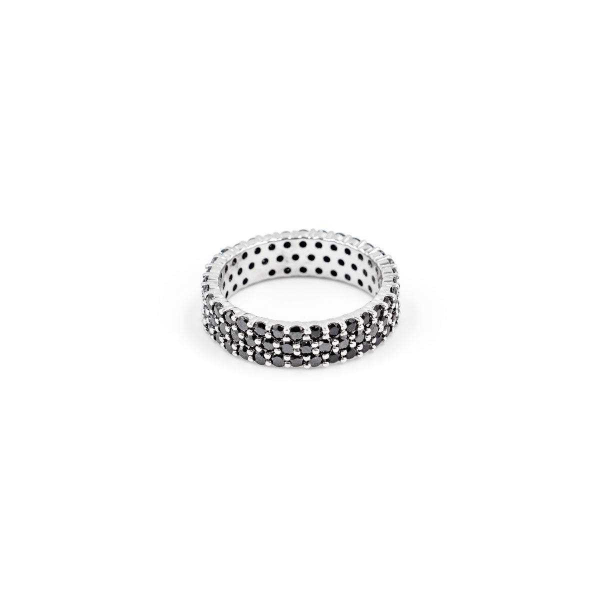 Elegant 3-layer black diamond band ring in silver, a sleek fine jewelry piece blending luxury with custom design.