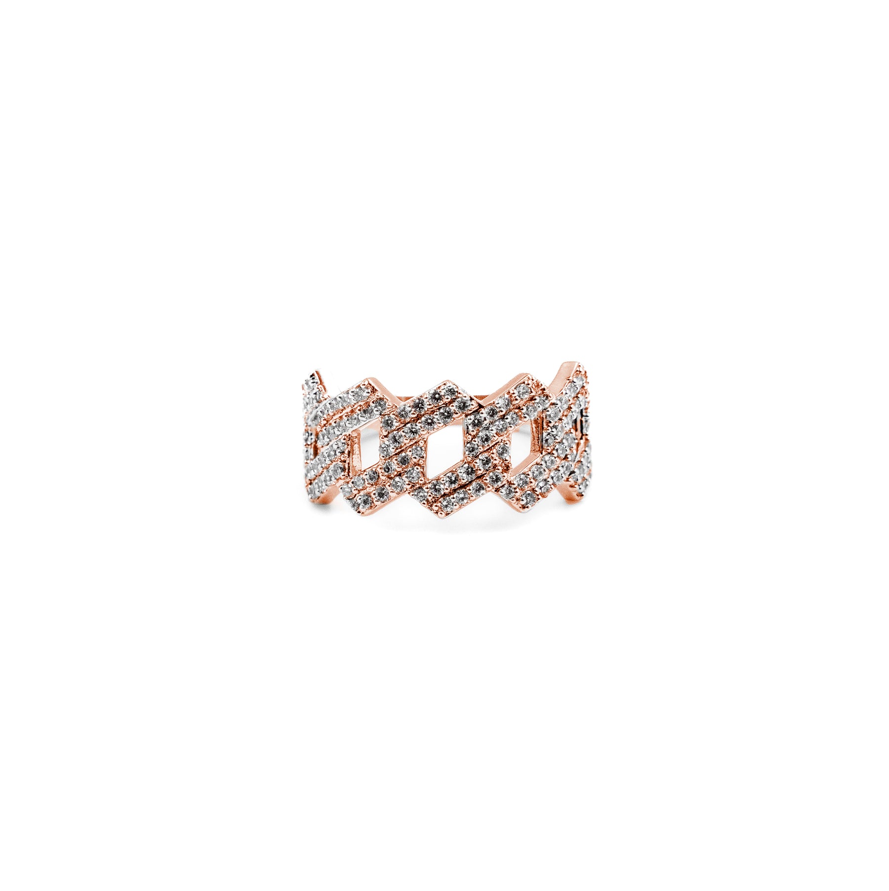 A trendy fine jewelry Cuban diamond ring in rose gold, combining a bold Cuban link style with radiant diamonds for a contemporary and stylish appeal.