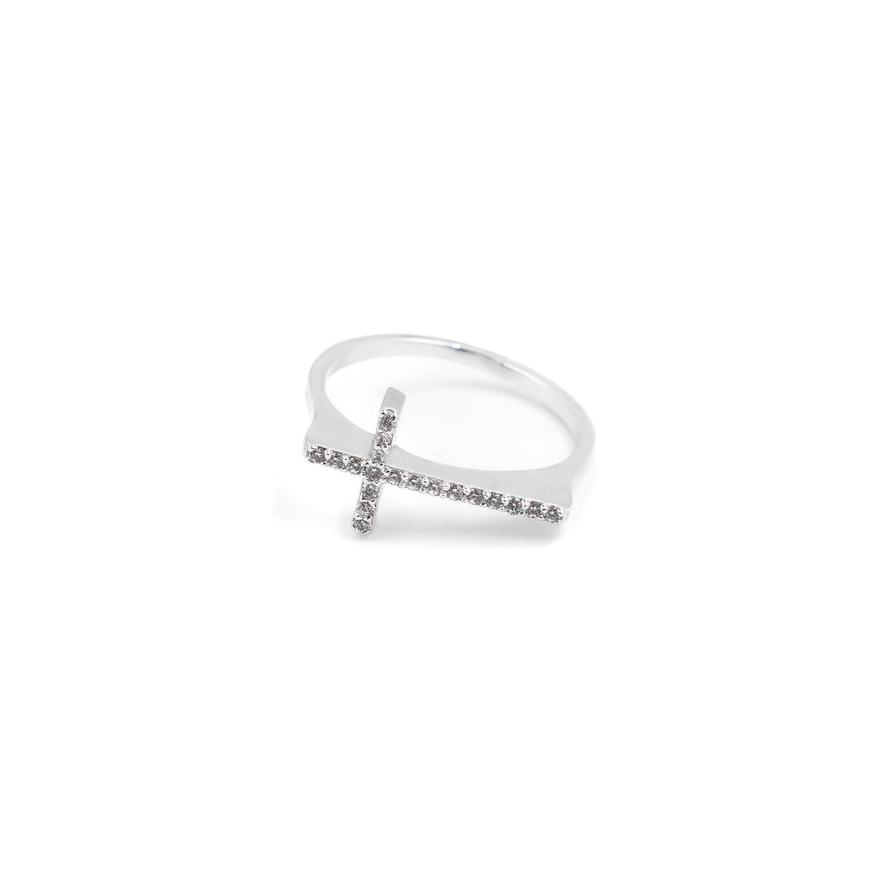 A fine jewelry cross diamond ring made of 925 sterling silver, featuring a sleek design adorned with sparkling diamonds, perfect for timeless elegance.