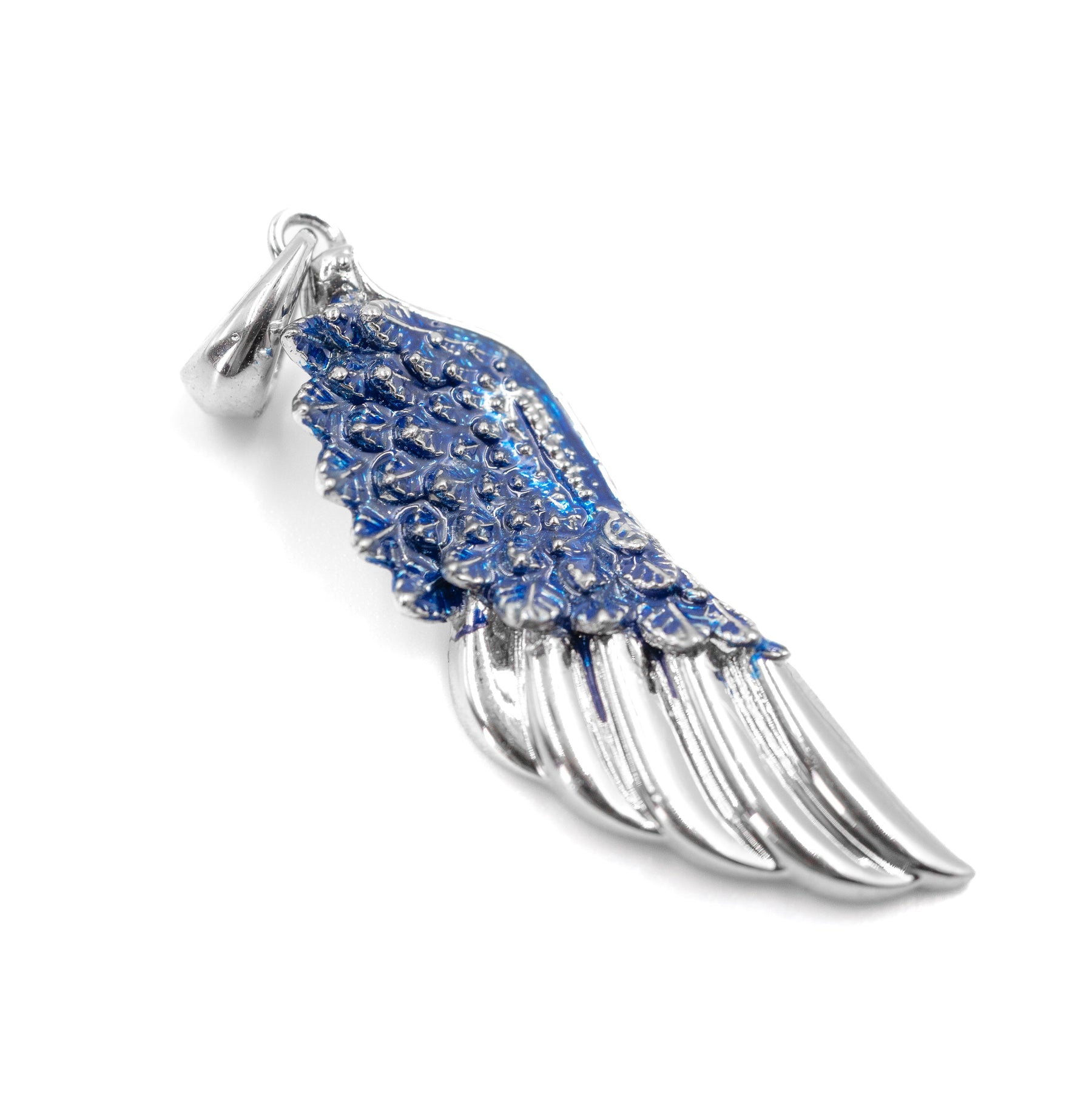 Close-up view of the Angel Wing Diamond Pendant in 925 silver with chain, highlighting the intricate wing design and the sparkle of the diamonds for a refined look.