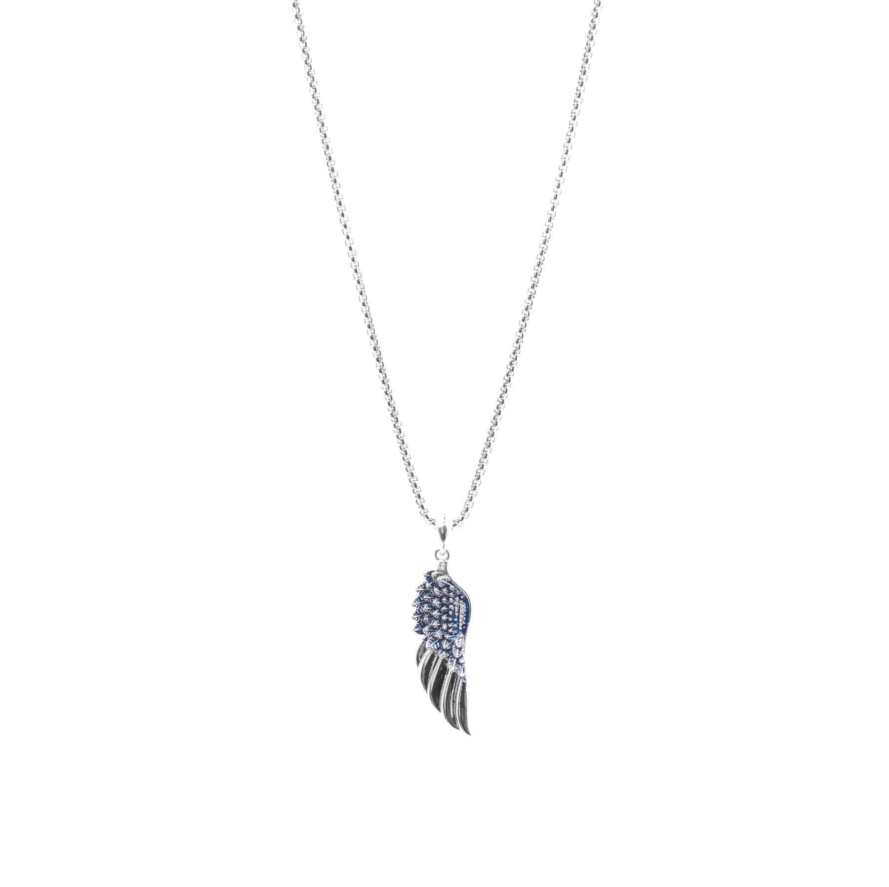 Detailed zoom of the Angel Wing Diamond Pendant in 925 silver with chain, showcasing the craftsmanship and brilliance of the diamonds and the polished silver finish.