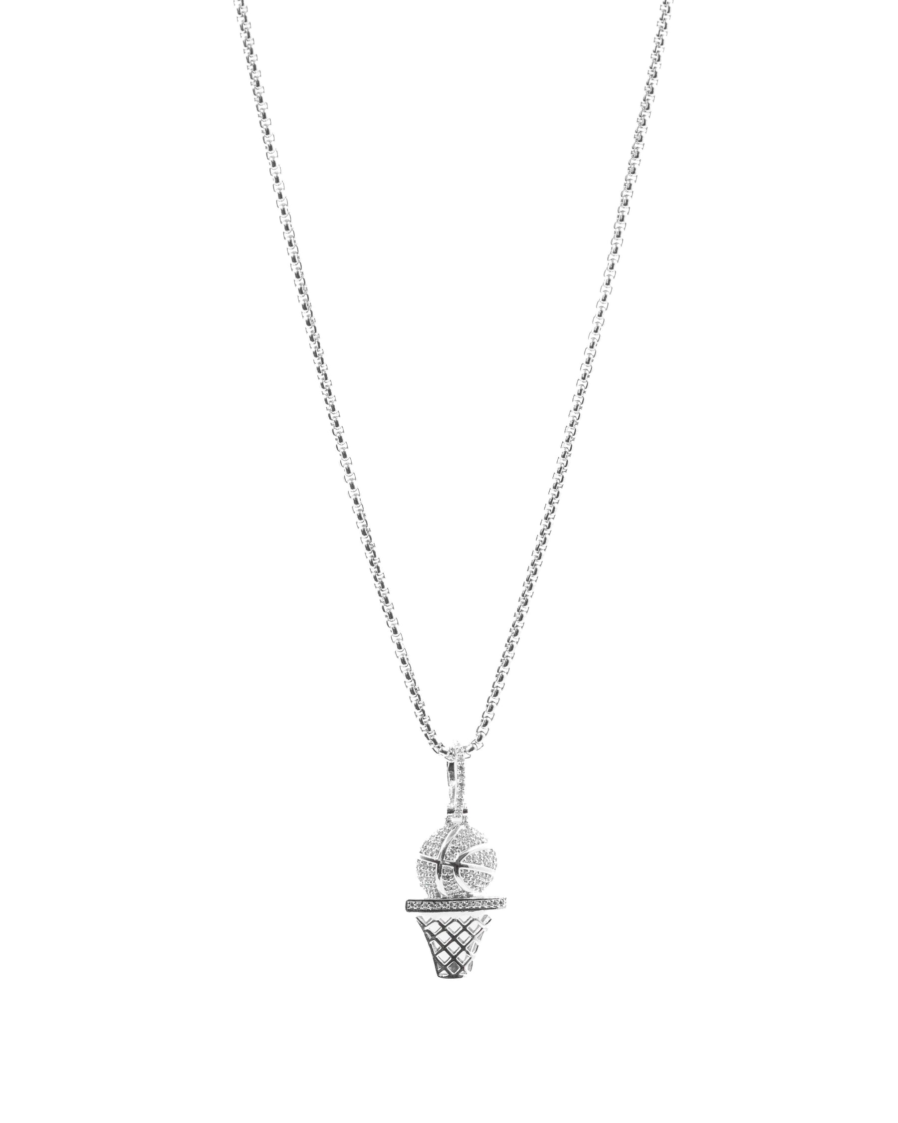 Detailed zoom view of the Basketball Diamond Pendant in 925 silver with chain, emphasizing the polished silver finish and the brilliance of the diamond accents.