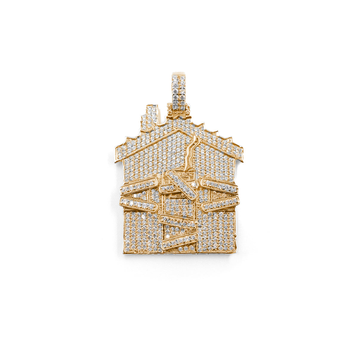 Luxurious Derelict House Diamond Pendant in gold, showcasing an intricate house motif with sparkling diamonds, a bold and stylish statement."