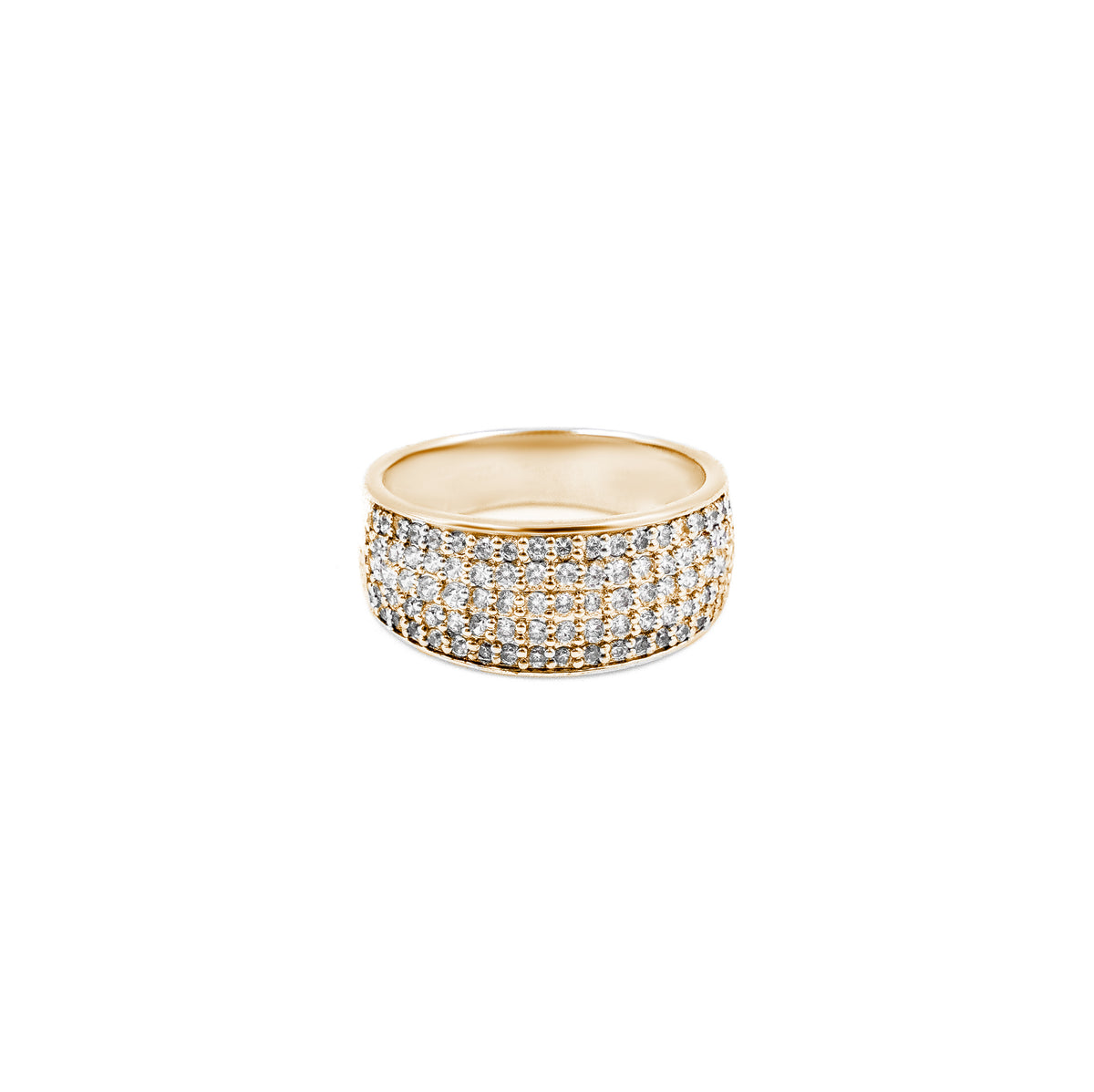 "Luxurious Four Row Diamond Ring in gold, showcasing a glamorous design with radiant diamonds, ideal for fine jewelry collectors.