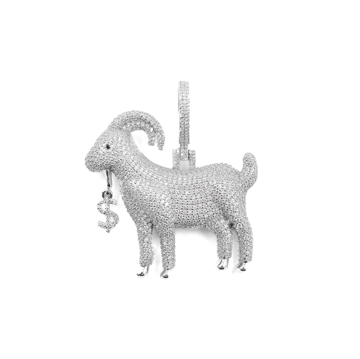 Stylish GOAT Pendant in 925 silver adorned with sparkling diamonds, showcasing the ultimate symbol of greatness in fine jewelry.