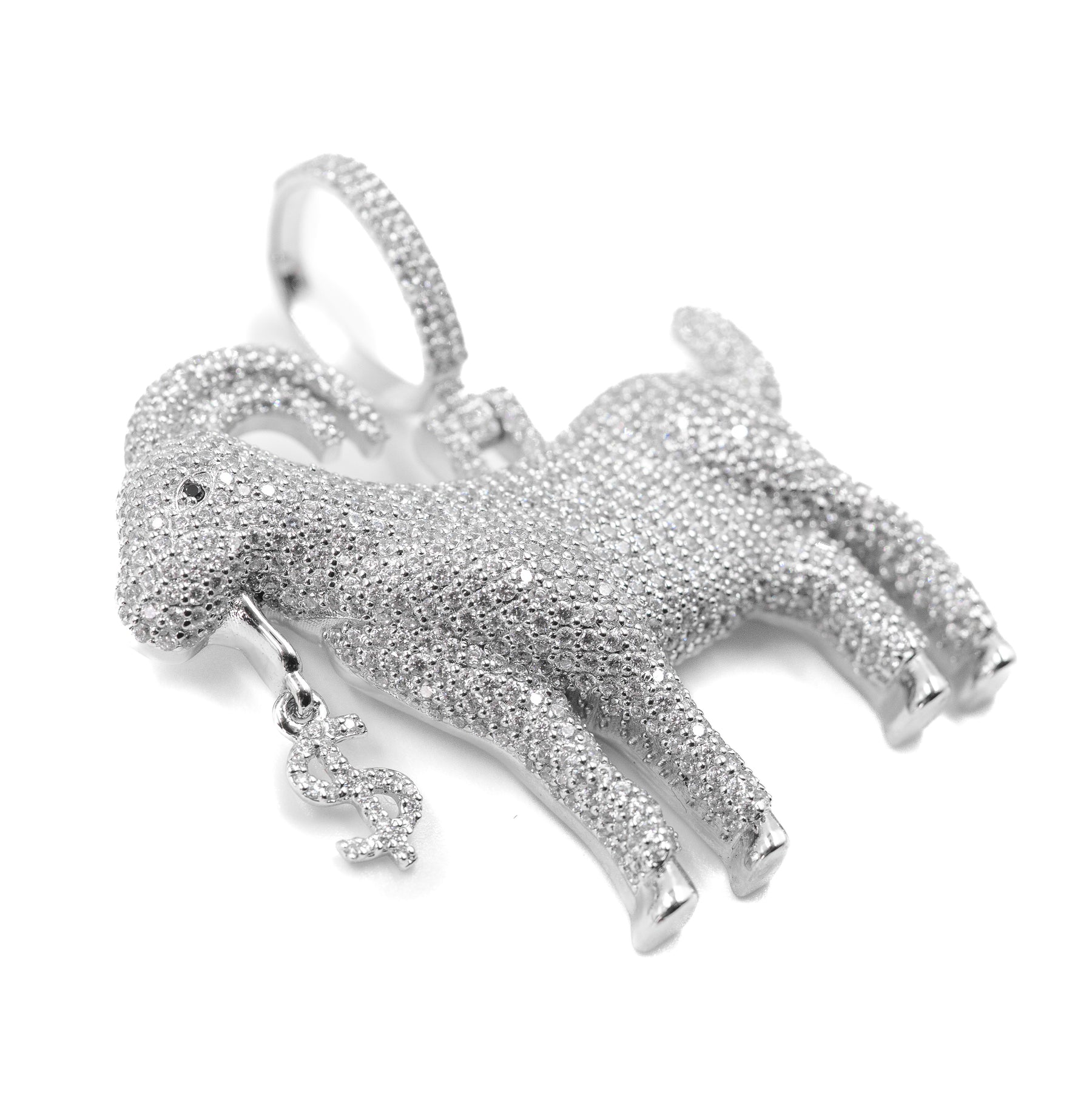 Close-up view of the GOAT Pendant in 925 silver with chain, highlighting the intricate design and dazzling diamond craftsmanship."