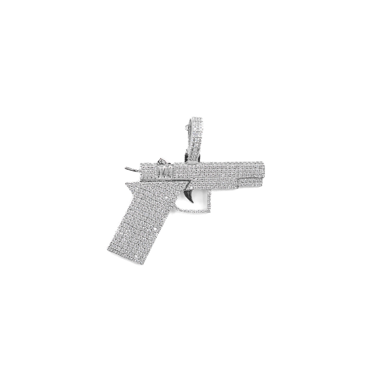 Sleek Gun Pendant in 925 silver adorned with dazzling diamonds, a bold and stylish fine jewelry piece.