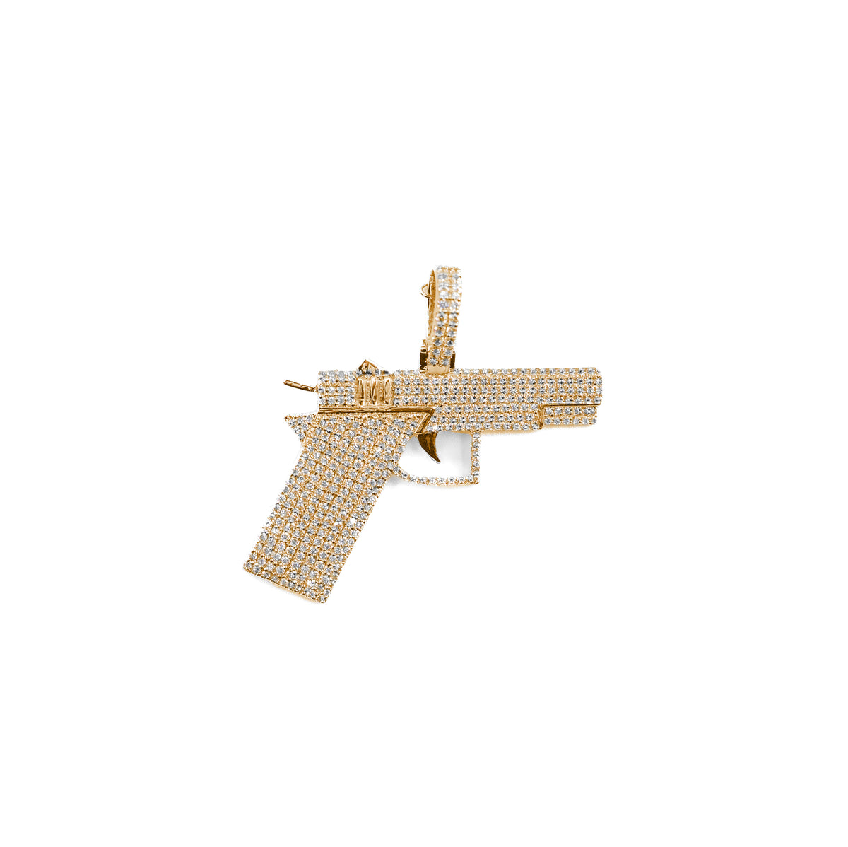 Elegant Gun Pendant in gold featuring radiant diamonds, a striking statement of luxury and individuality.