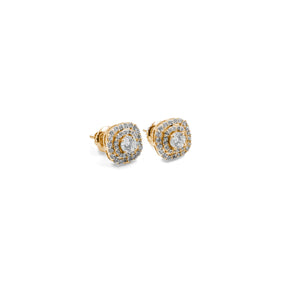 Luxurious Halo Diamond Earrings in gold, showcasing radiant diamonds surrounded by a classic halo design, ideal for an opulent and refined style.