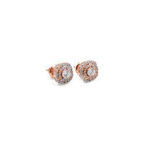 Chic Halo Diamond Earrings in rose gold, featuring shimmering diamonds encased in a delicate halo design, perfect for a modern and elegant touch.