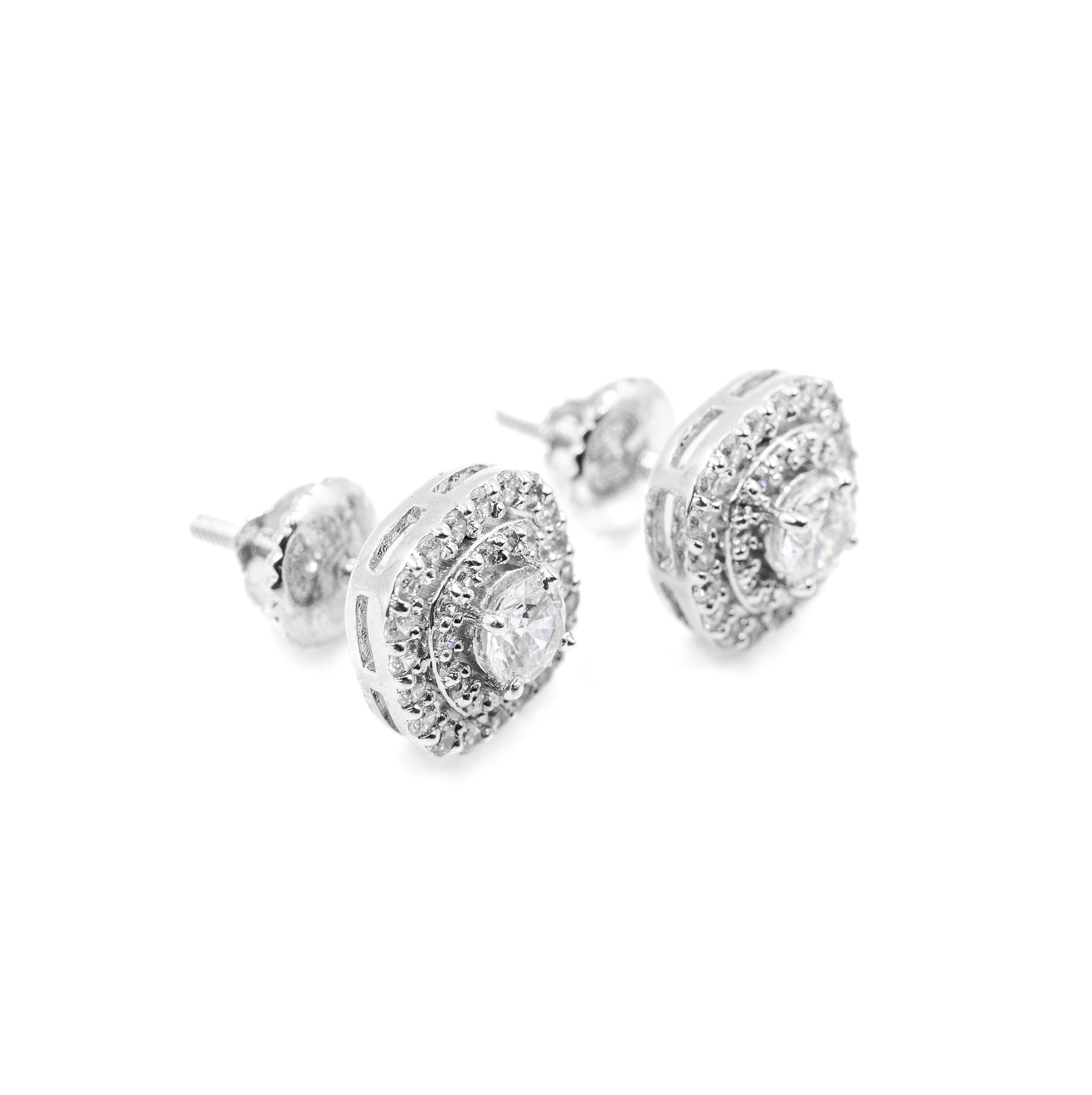 Close-up view of Halo Diamond Earrings in 925 silver, highlighting intricate details of the halo design and sparkling diamonds.