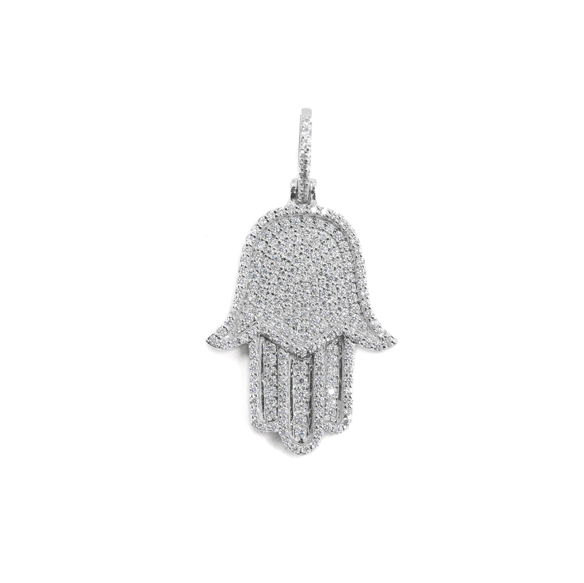 Intricate Hamsa Hand Pendant in 925 silver adorned with radiant diamonds, symbolizing protection and elegance in fine jewelry.