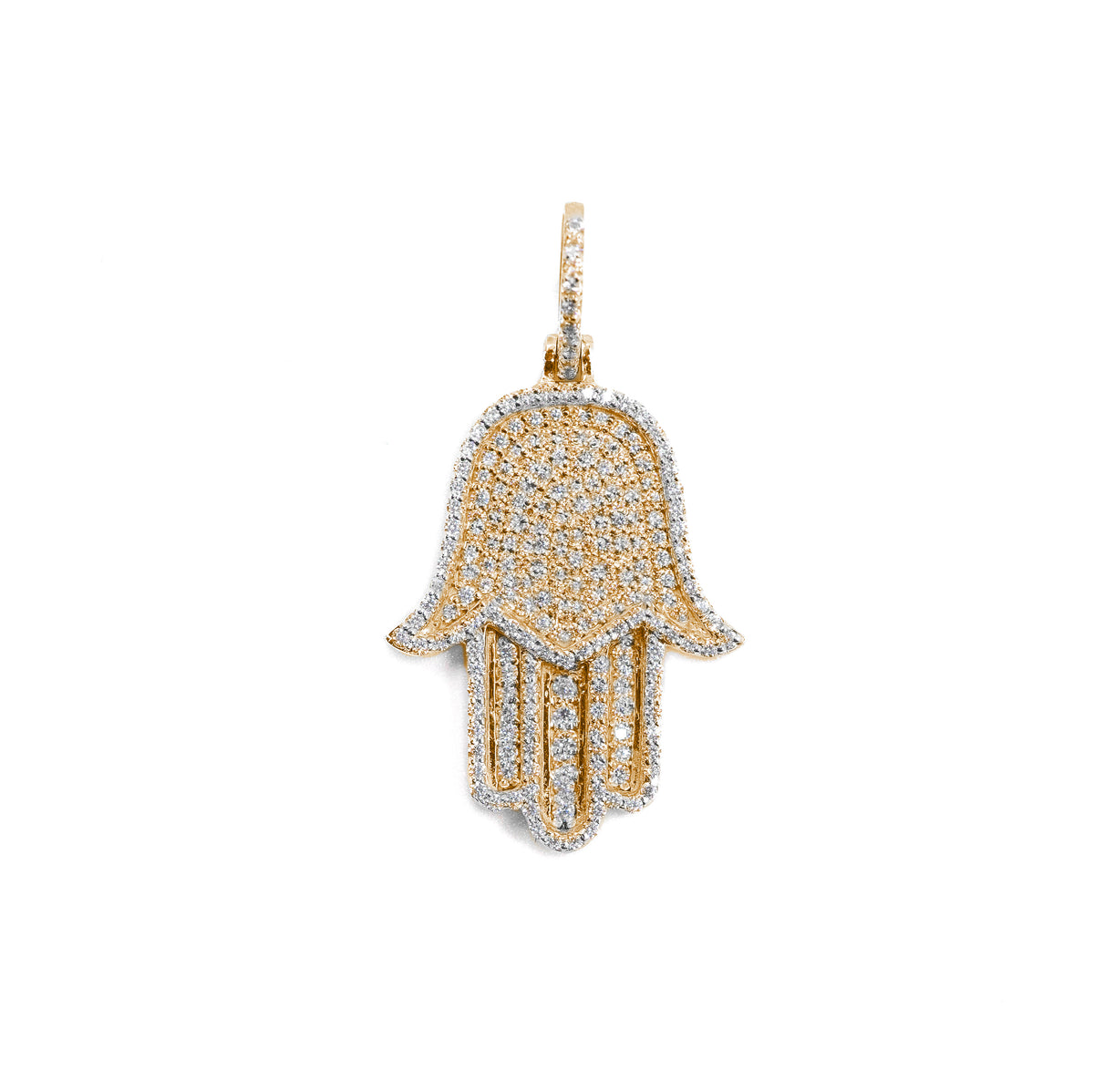 Luxurious Hamsa Hand Pendant in gold with sparkling diamonds, a timeless piece representing protection and good fortune.