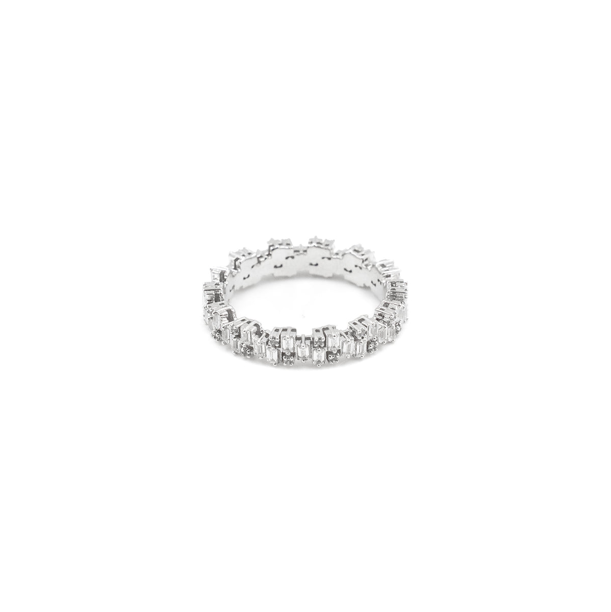 Elegant Irregular Baguette Diamond Ring in 925 silver, featuring a unique design with baguette-cut diamonds, perfect for fine jewelry collectors.