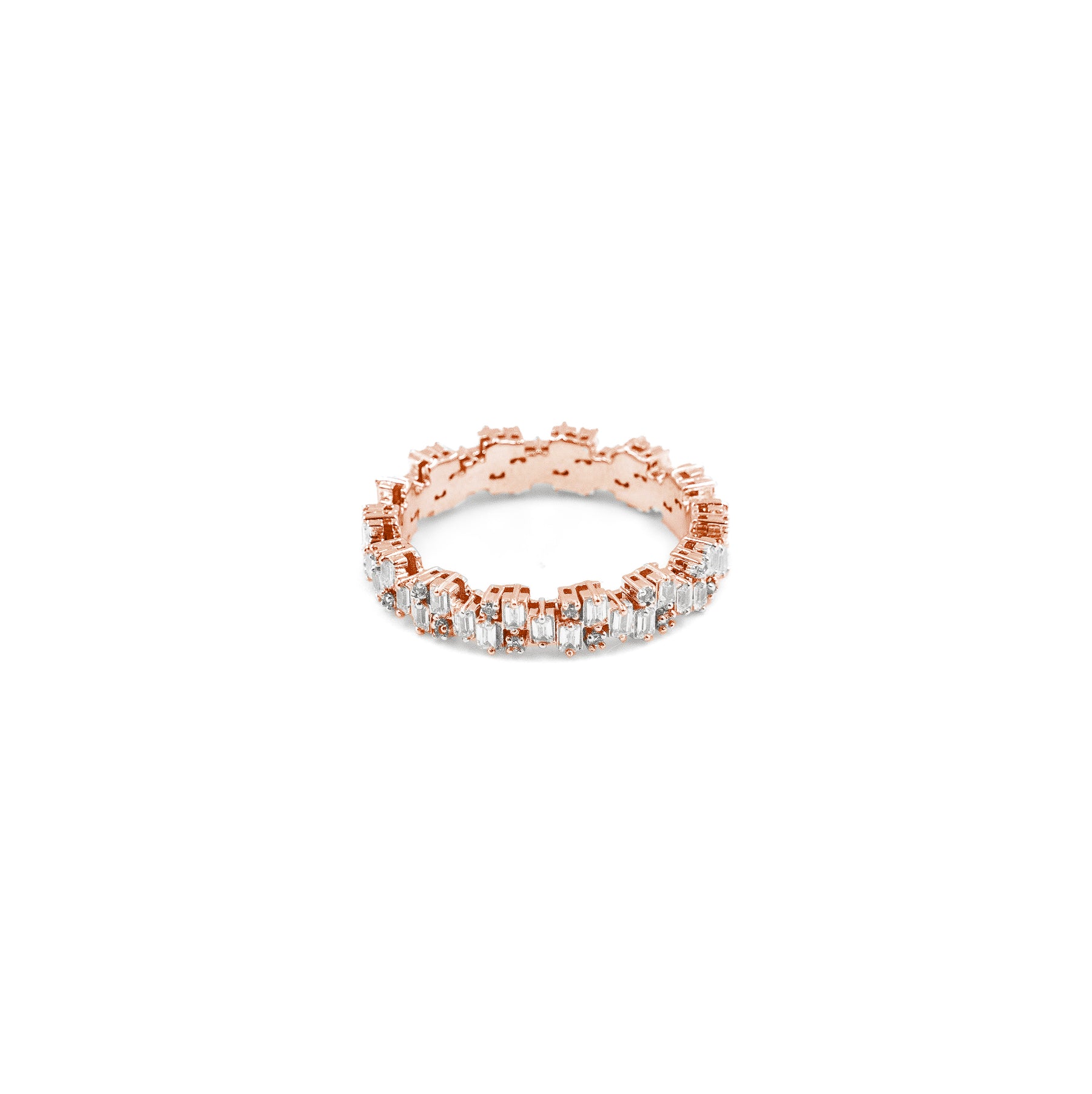 Chic Irregular Baguette Diamond Ring in rose gold, blending contemporary elegance with sparkling baguette diamonds, a standout fine jewelry piece.
