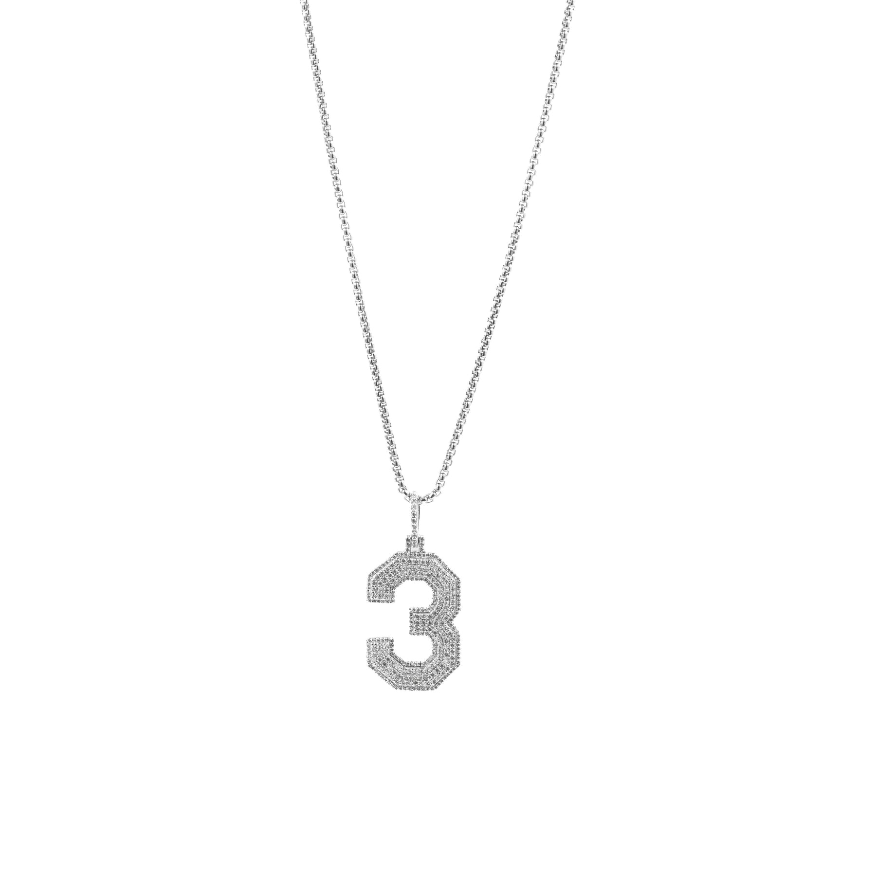 Detailed zoom of the Jersey Number Pendant in 925 silver with chain, showcasing the diamonds and sleek design.