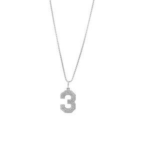 Detailed zoom of the Jersey Number Pendant in 925 silver with chain, showcasing the diamonds and sleek design.