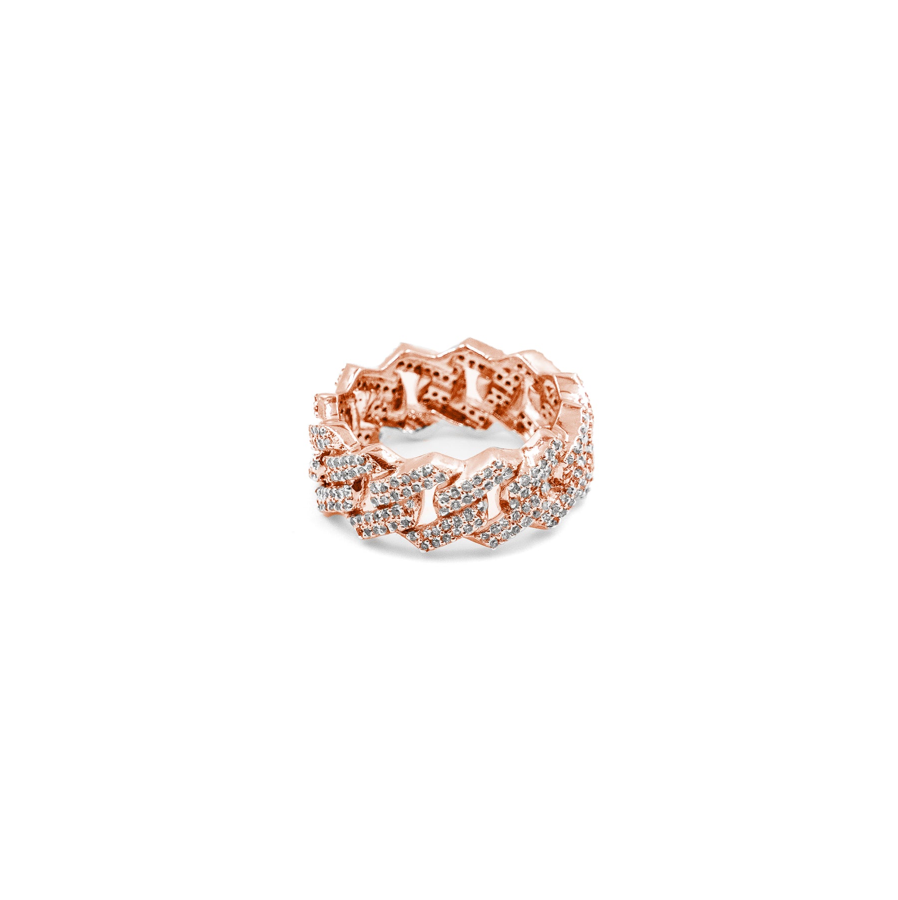 Chic Miami Cuban Band Diamond Ring in rose gold, blending modern elegance with dazzling diamonds, a standout fine jewelry piece.