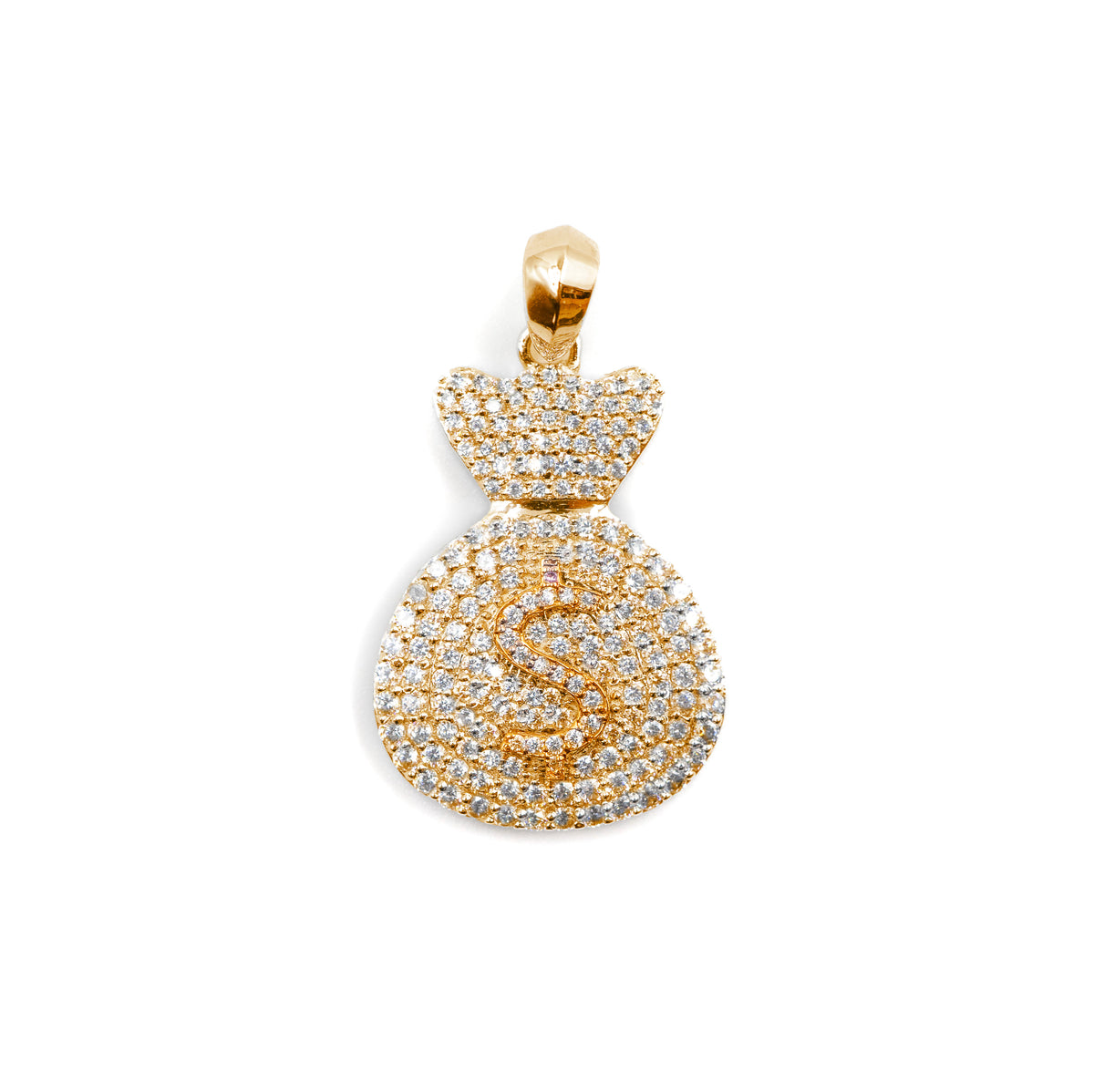 Elegant Money Bag Pendant in gold, featuring sparkling diamonds, perfect for those who appreciate fine, luxurious accessories.