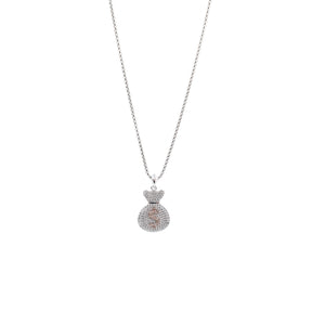 Detailed zoom of the Money Bag Pendant in 925 silver with chain, highlighting the sparkling diamonds and intricate design.