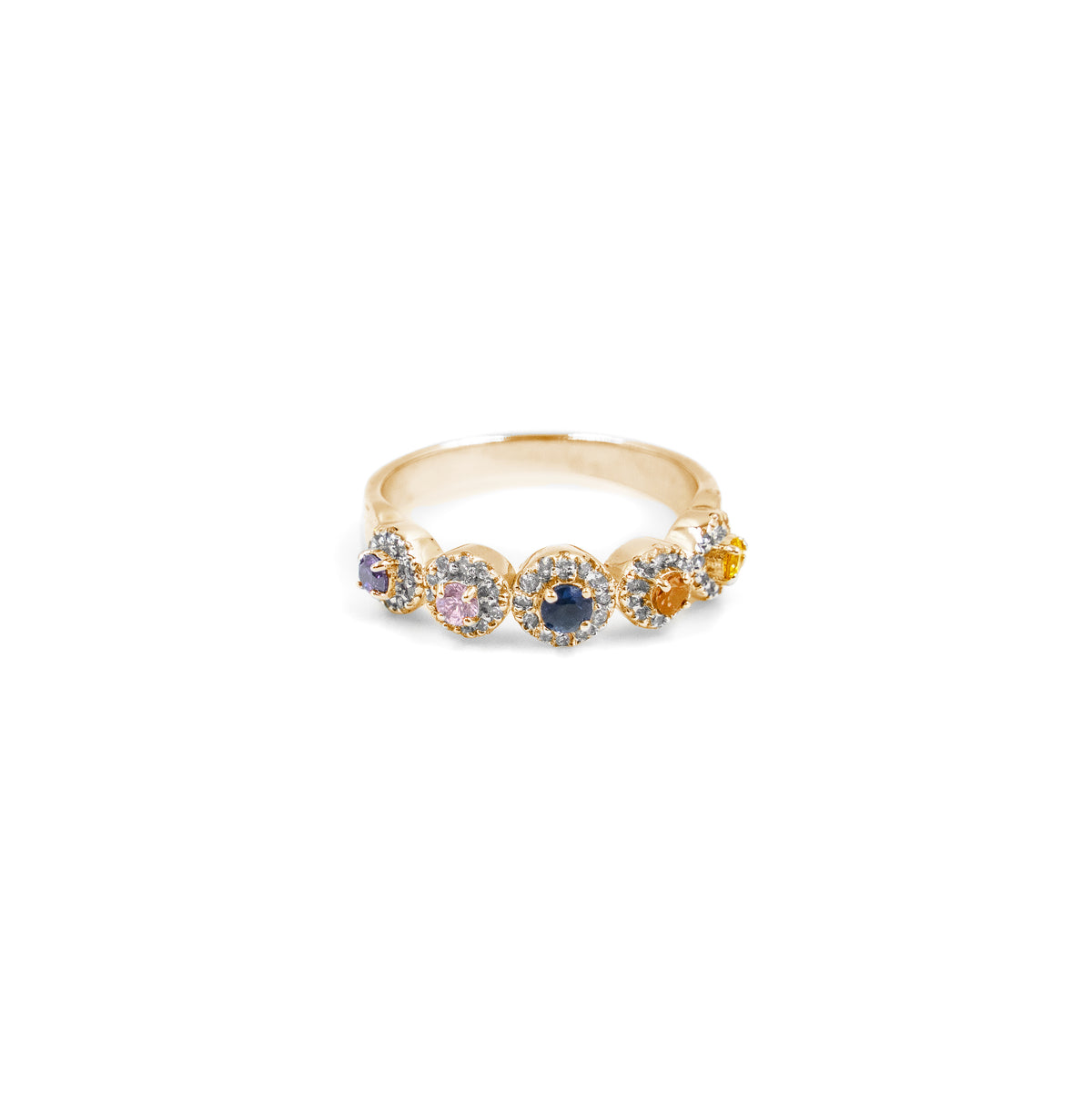 Elegant Multicolor Diamond Ring in gold, showcasing a dazzling array of colored diamonds in a sophisticated band design, perfect for fine jewelry enthusiasts.