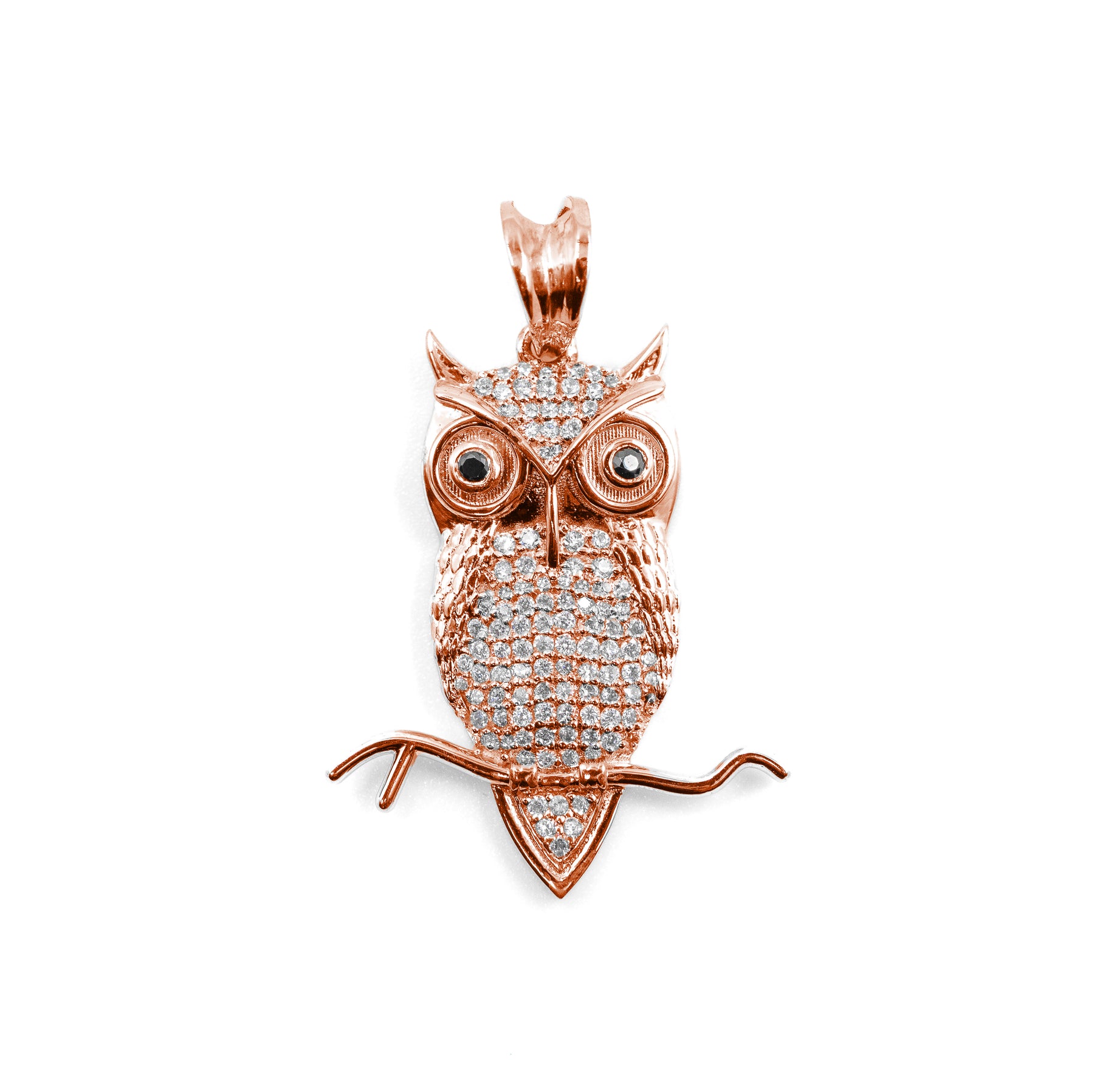 Stylish Owl Pendant in rose gold with diamonds, blending timeless beauty with a modern, luxurious touch.