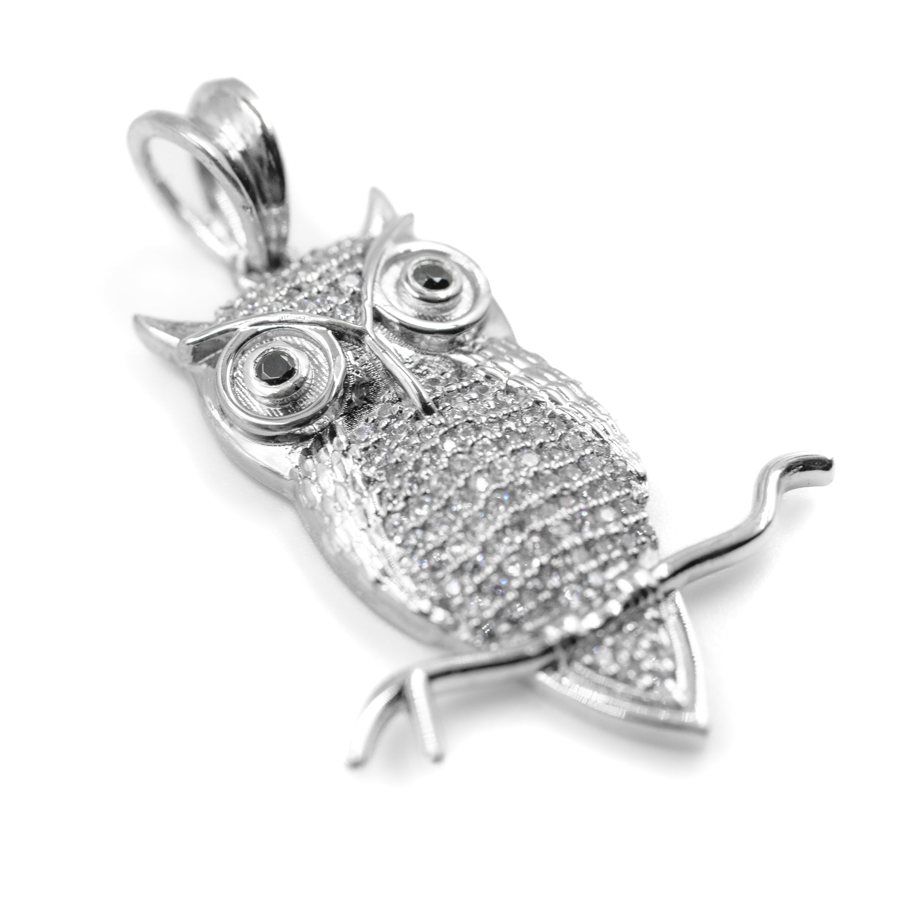 Close-up of the Owl Pendant in 925 silver with chain, emphasizing the intricate design and brilliant diamond accents.