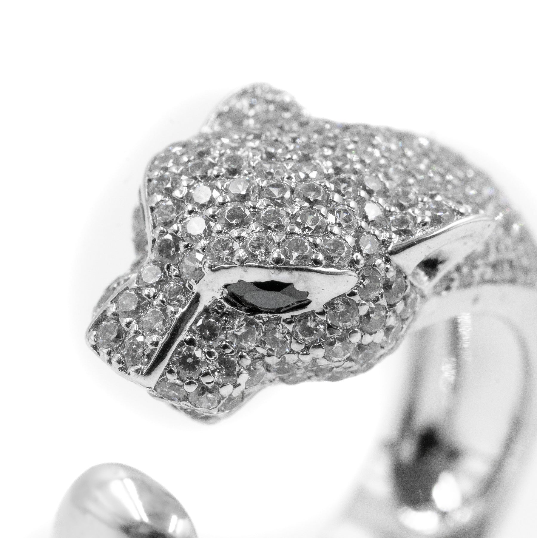 Close-up view of the Panther face on the 925 silver diamond ring, showcasing intricate detailing and sparkling diamond accents, a stunning fine jewelry masterpiece.