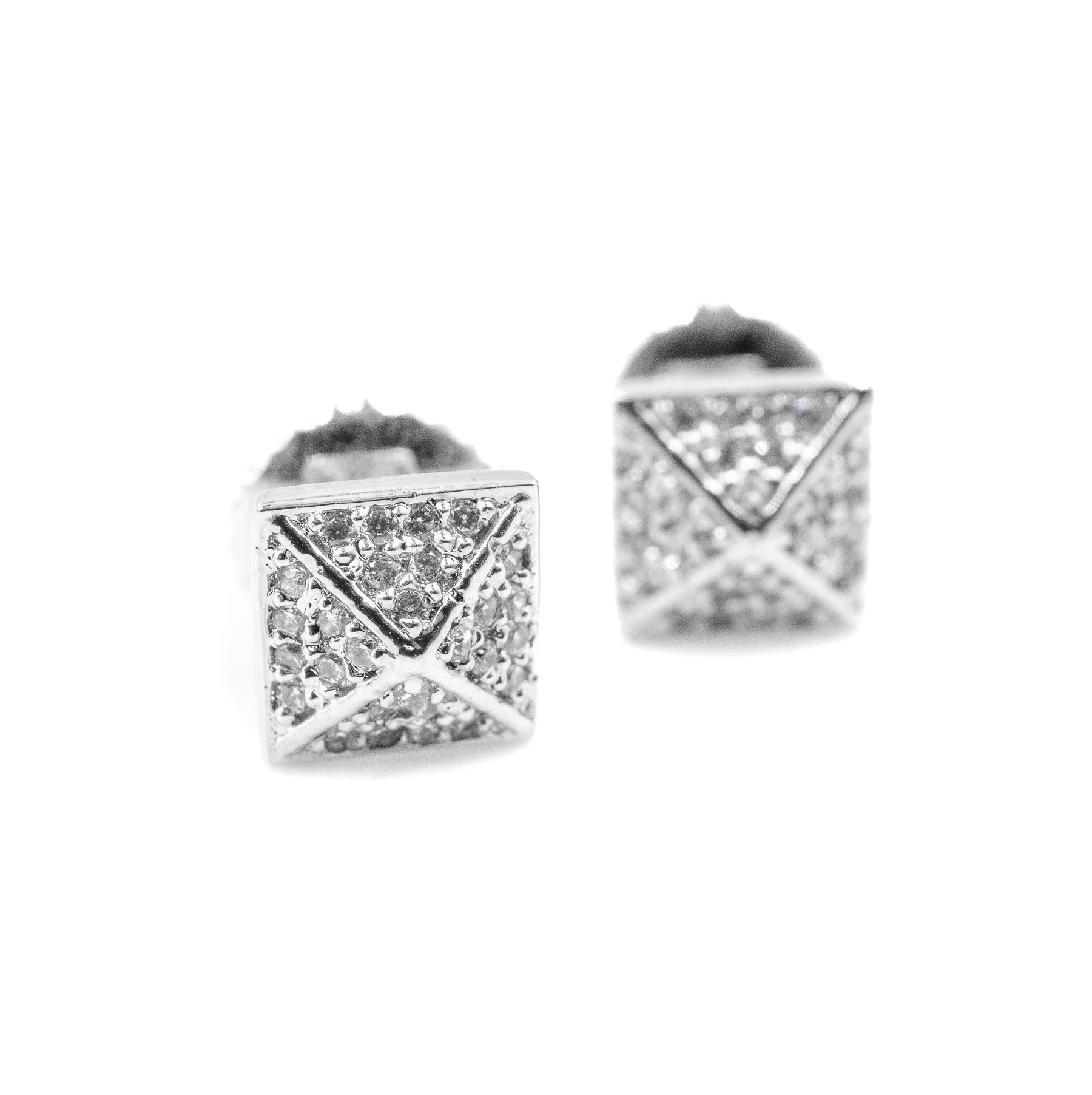 Close-up front view of Pyramid Diamond Earrings in 925 silver, showcasing the intricate pyramid design with sparkling diamonds for a detailed, elegant look