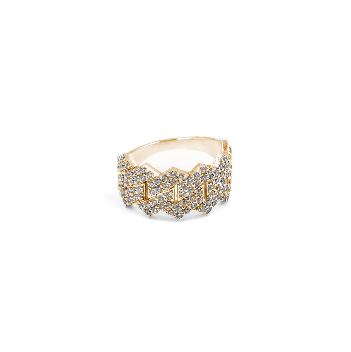 Luxurious Raised Miami Diamond Ring in gold, showcasing a raised design adorned with radiant diamonds, offering a refined and timeless appearance.