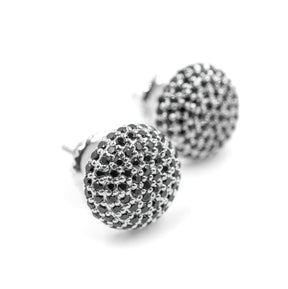 Close-up view of Round Black Diamond Earrings in 925 silver, highlighting the brilliant black diamonds set in a delicate round design for a detailed and luxurious look.