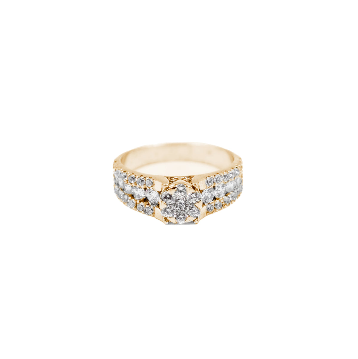 Luxurious Round Cluster 3 Row Diamond Ring in gold, showcasing a dazzling cluster of diamonds across three rows, ideal for those who appreciate bold, fine jewelry."