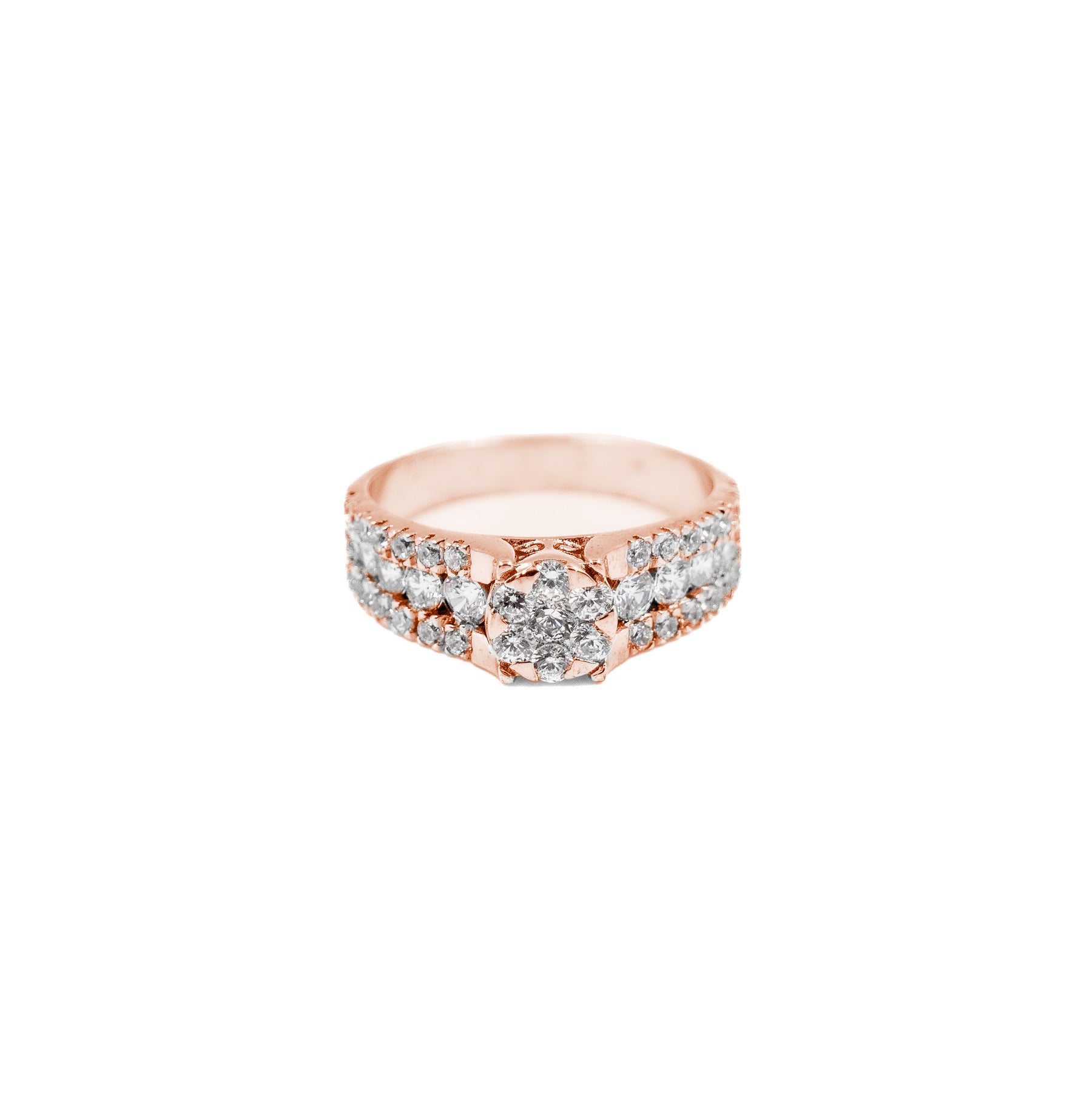 Chic Round Cluster 3 Row Diamond Ring in rose gold, combining a three-row cluster of radiant diamonds with a modern, elegant design."