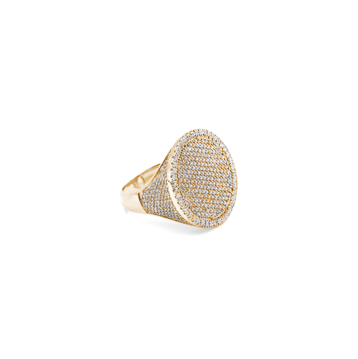 Luxurious Round Signet Diamond Ring in gold, showcasing a sleek signet design adorned with radiant diamonds, ideal for those who appreciate bold, refined jewelry."