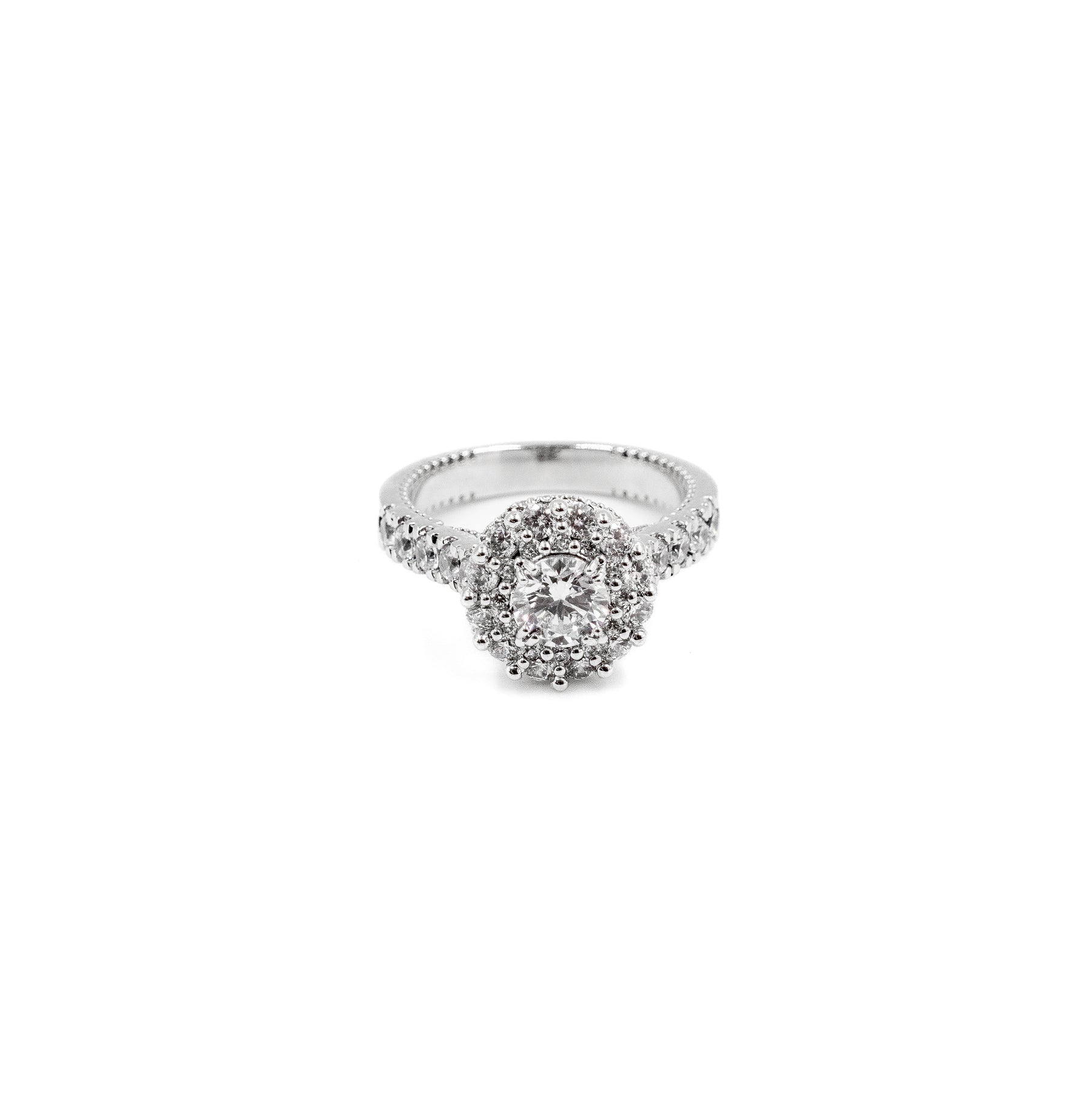 Elegant Round Two-Tier Halo Diamond Ring in 925 silver, featuring a stunning two-tier halo of diamonds surrounding a central stone, perfect for an exquisite and timeless look."