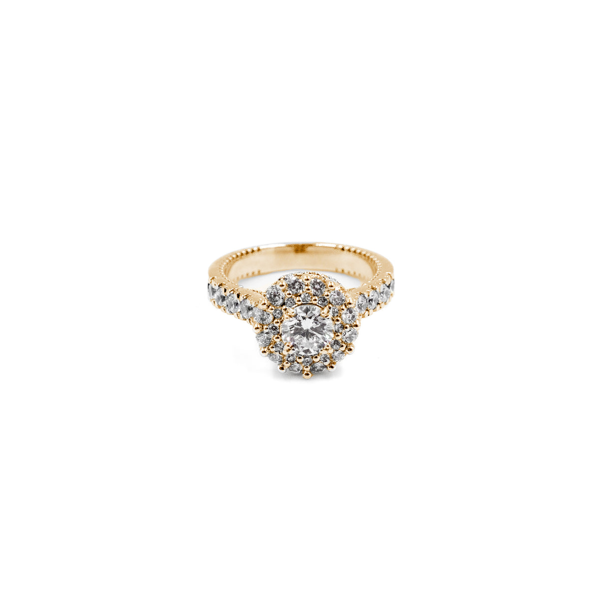 Luxurious Round Two-Tier Halo Diamond Ring in gold, showcasing a double halo of radiant diamonds surrounding a central stone, ideal for those seeking a classic and elegant design."