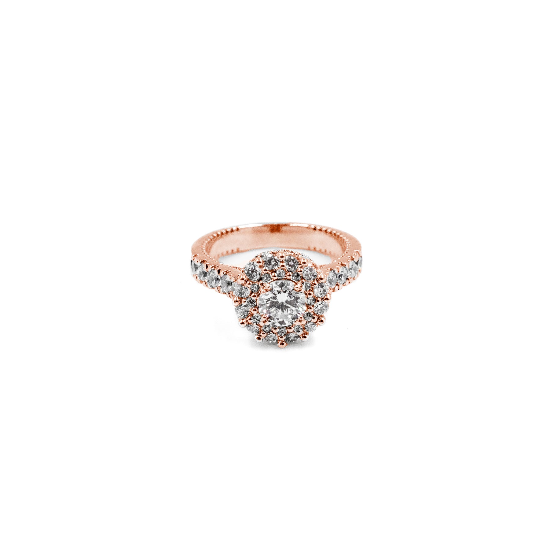 Chic Round Two-Tier Halo Diamond Ring in rose gold, featuring a double halo design with brilliant diamonds, perfect for those who appreciate modern elegance and sophistication.