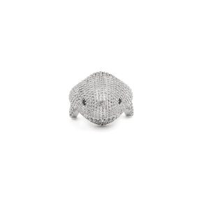 Front view of the Shark Diamond Ring in 925 silver, showcasing the fierce shark face design with intricate detailing and sparkling diamonds.