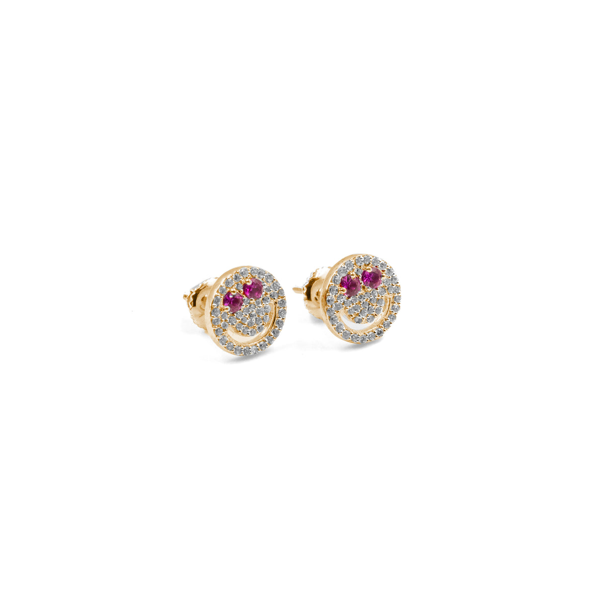 Charming Smiley Face Diamond Earrings in gold, combining a playful smiley design with radiant diamonds for a joyful and glamorous look."Charming Smiley Face Diamond Earrings in gold, combining a playful smiley design with radiant diamonds for a joyful and glamorous look."