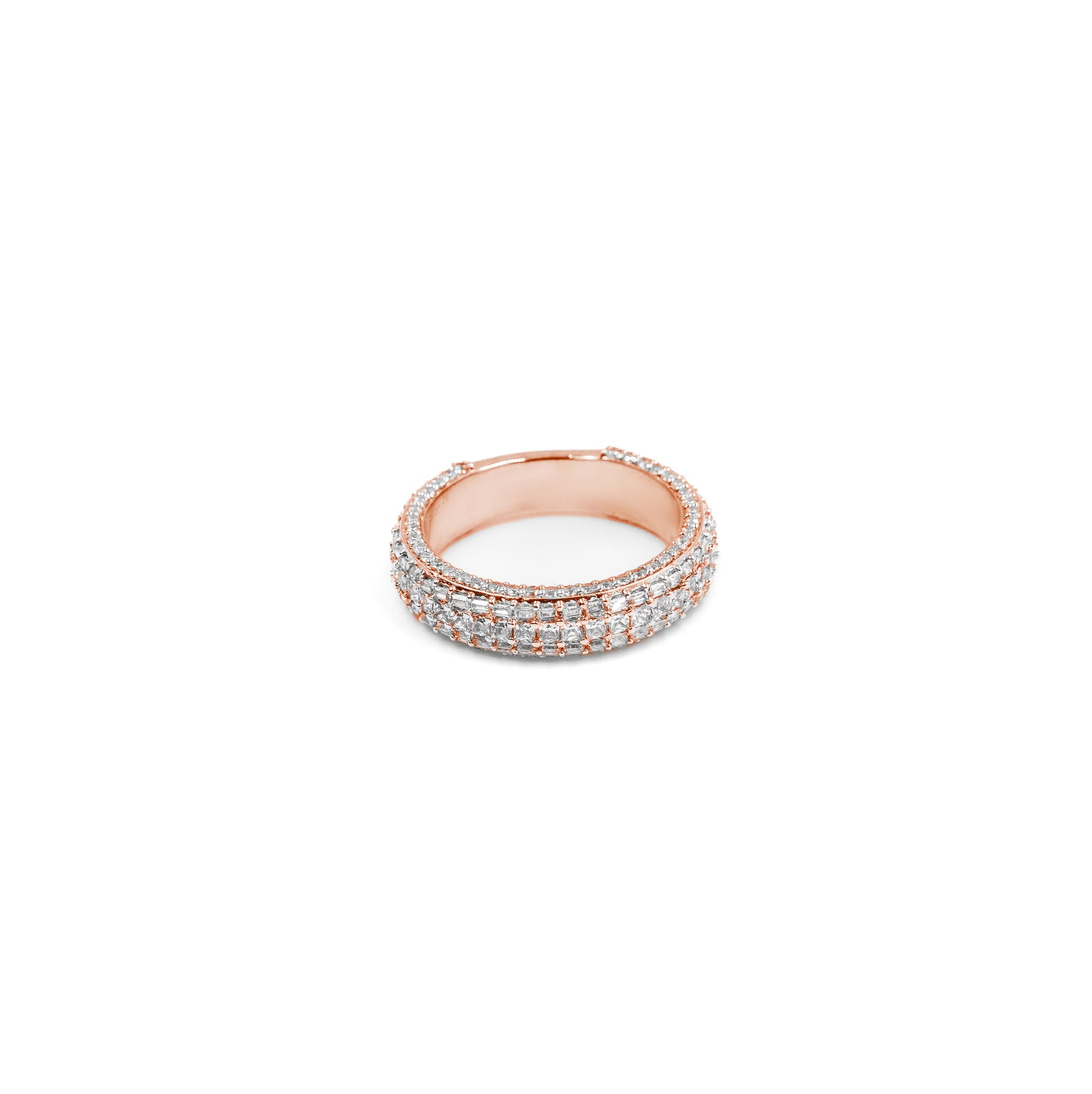 Chic Three Row Dome Ring in rose gold, featuring a modern dome design with three rows of dazzling diamonds, offering a refined and elegant touch.