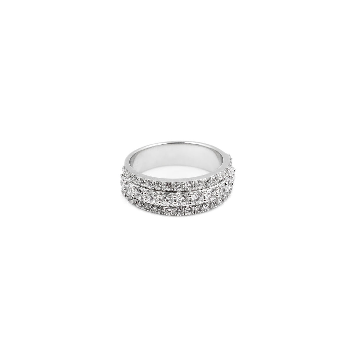 Elegant Three Row Ring in 925 silver, featuring three rows of dazzling diamonds set in a sleek band, perfect for a modern and sophisticated look.