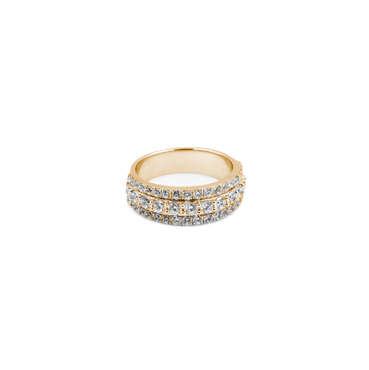 Luxurious Three Row Ring in gold, showcasing three rows of radiant diamonds for a bold, elegant style that stands the test of time."