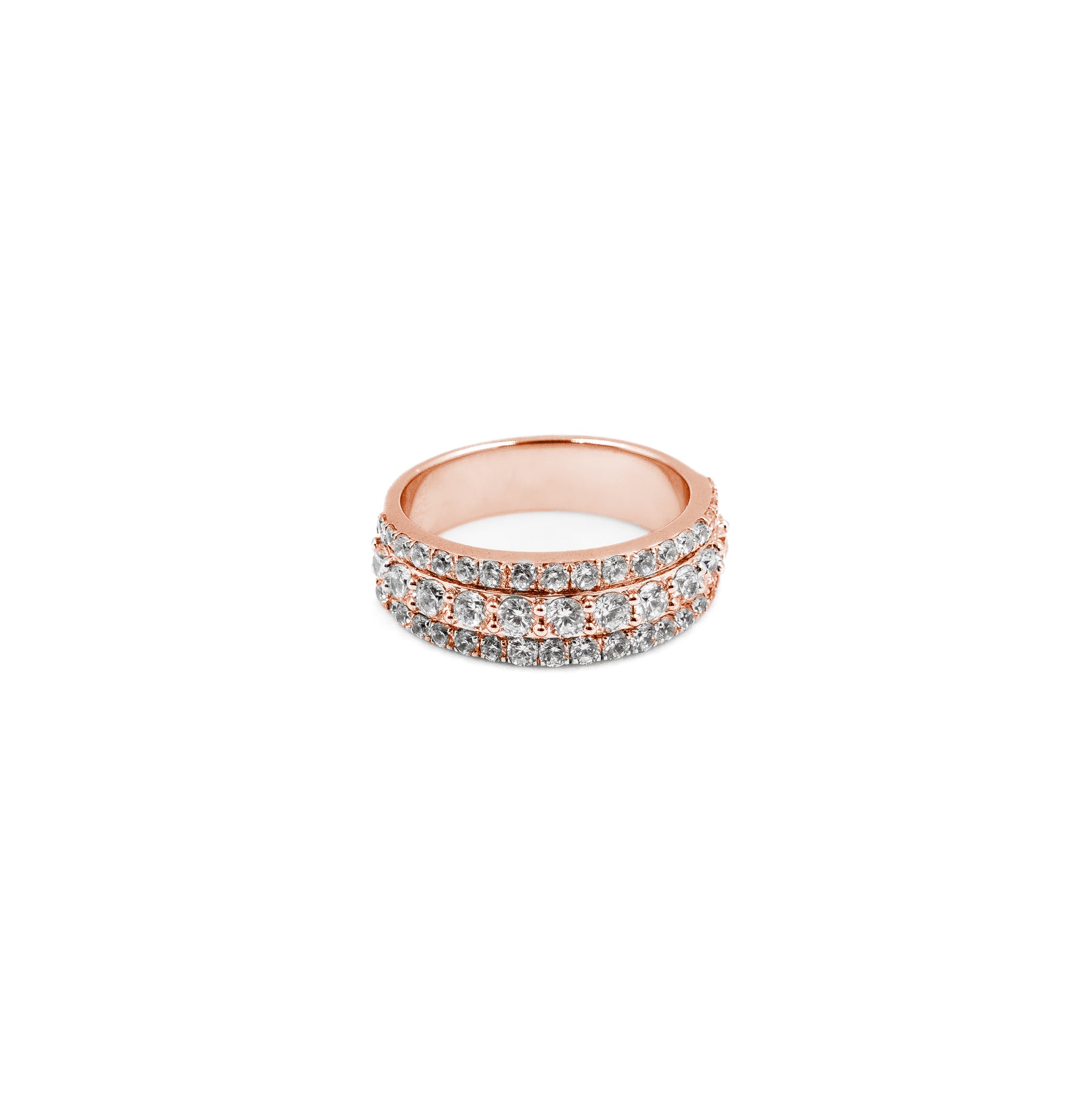 Chic Three Row Ring in rose gold, featuring three rows of sparkling diamonds in a sleek band, offering a warm and modern twist on classic elegance."