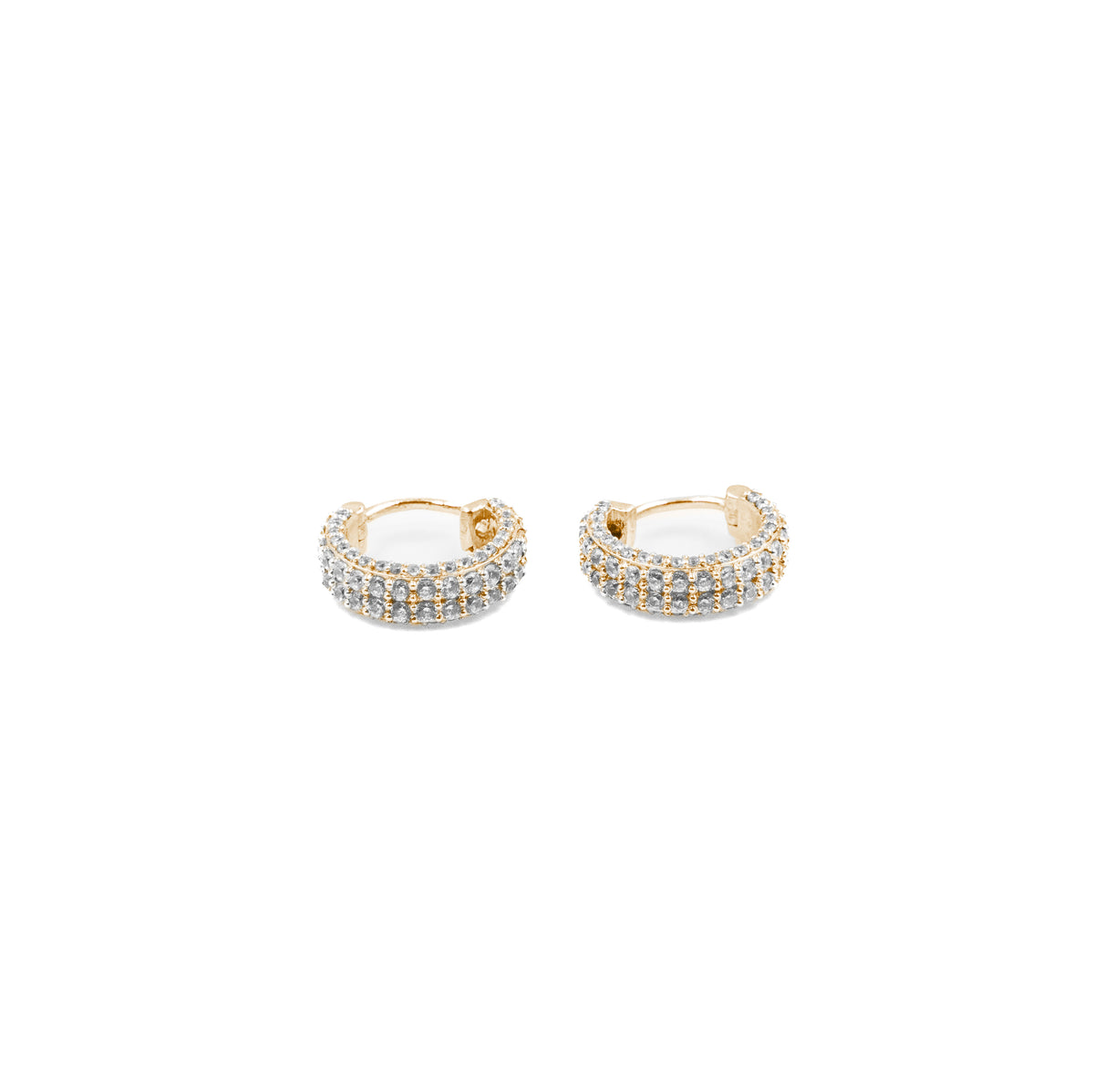 Luxurious Two Row Hoop Diamond Earrings in gold, with two radiant rows of diamonds that add a glamorous touch to any outfit, ideal for a stylish look."